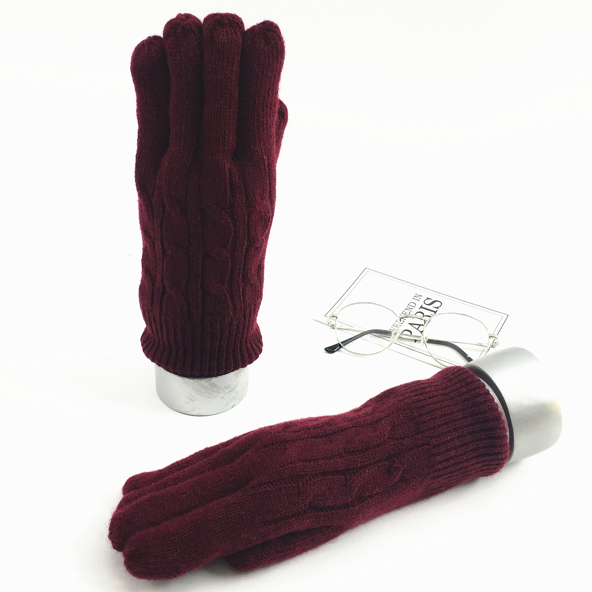 Winter Warm Gloves for Men Five Finger Wool and Fleece Solid Color Knitted Outdoor Cycling Cold resistant Gloves Wholesale for Foreign Trade