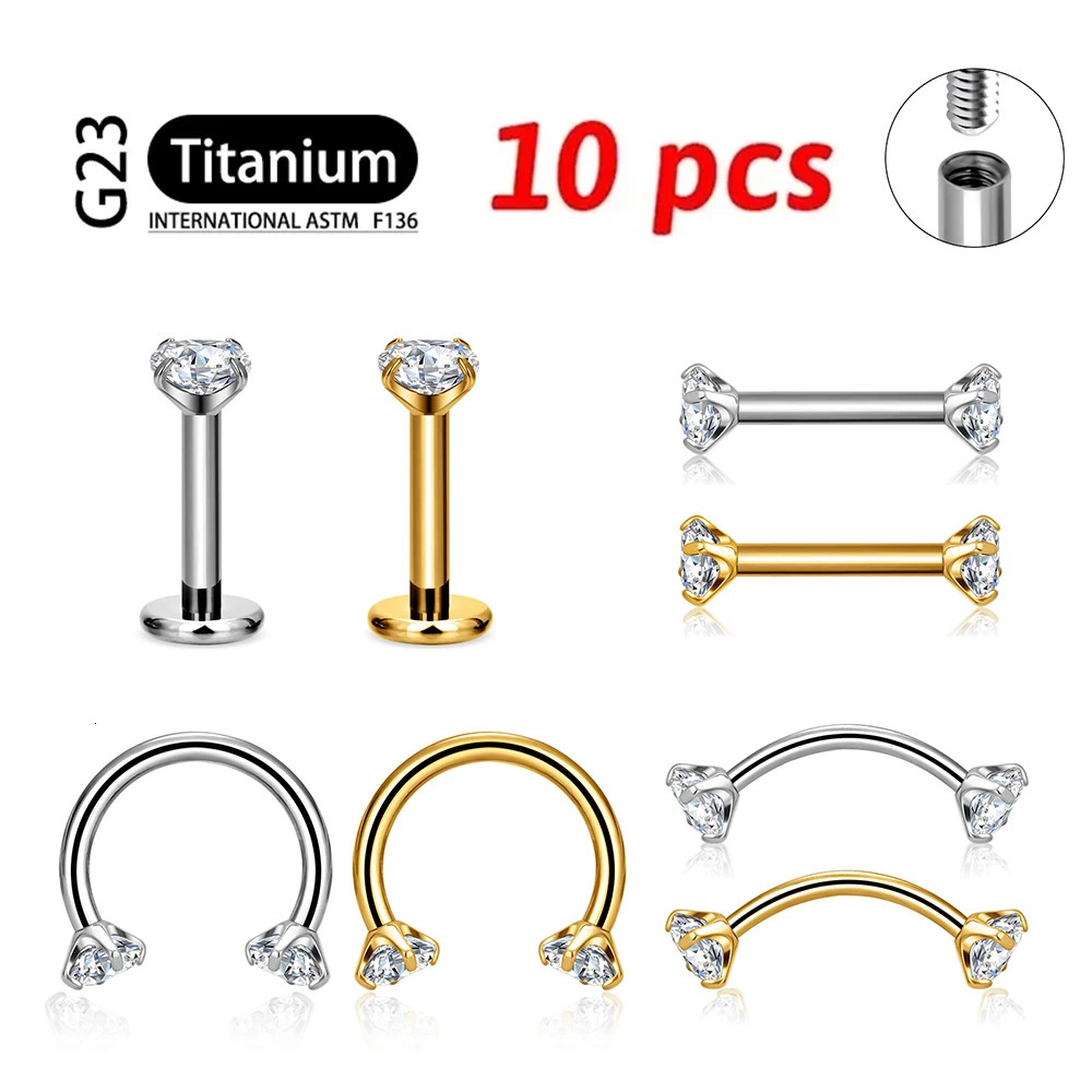 10Pcslot ASTM 36 16G CZ Cartilage Helix Daith Rook Earring Eyebrow Curved Barbell Labret Lip Piercing Body Jewelry 241125