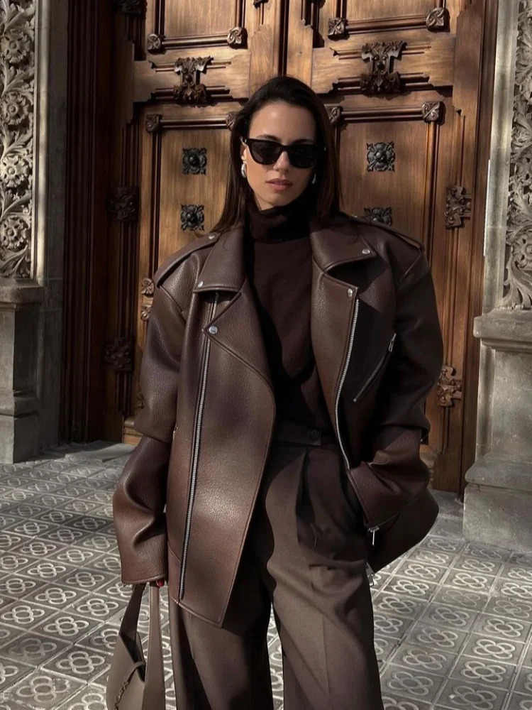 Street PU Leather Womens Jackets Lapel Long Sleeves Zipper Female Coats 2024 Autumn Motorcycle Casual Loose Lady Outwears 241129