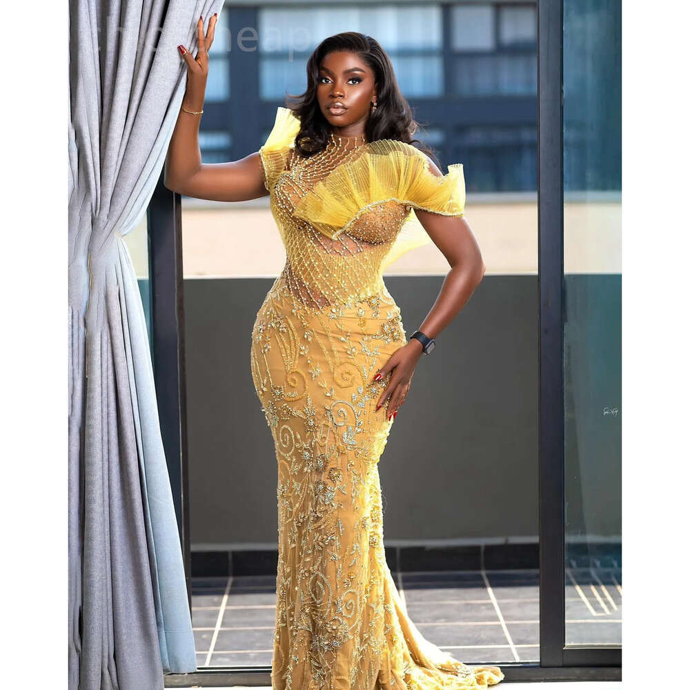 Mermaid Yellow Ebi Aso Prom Dress Beaded Crystals Illusion Evening Formal Party Second Reception Th Birthday Engagement Gowns Dresses Robe De Soiree E