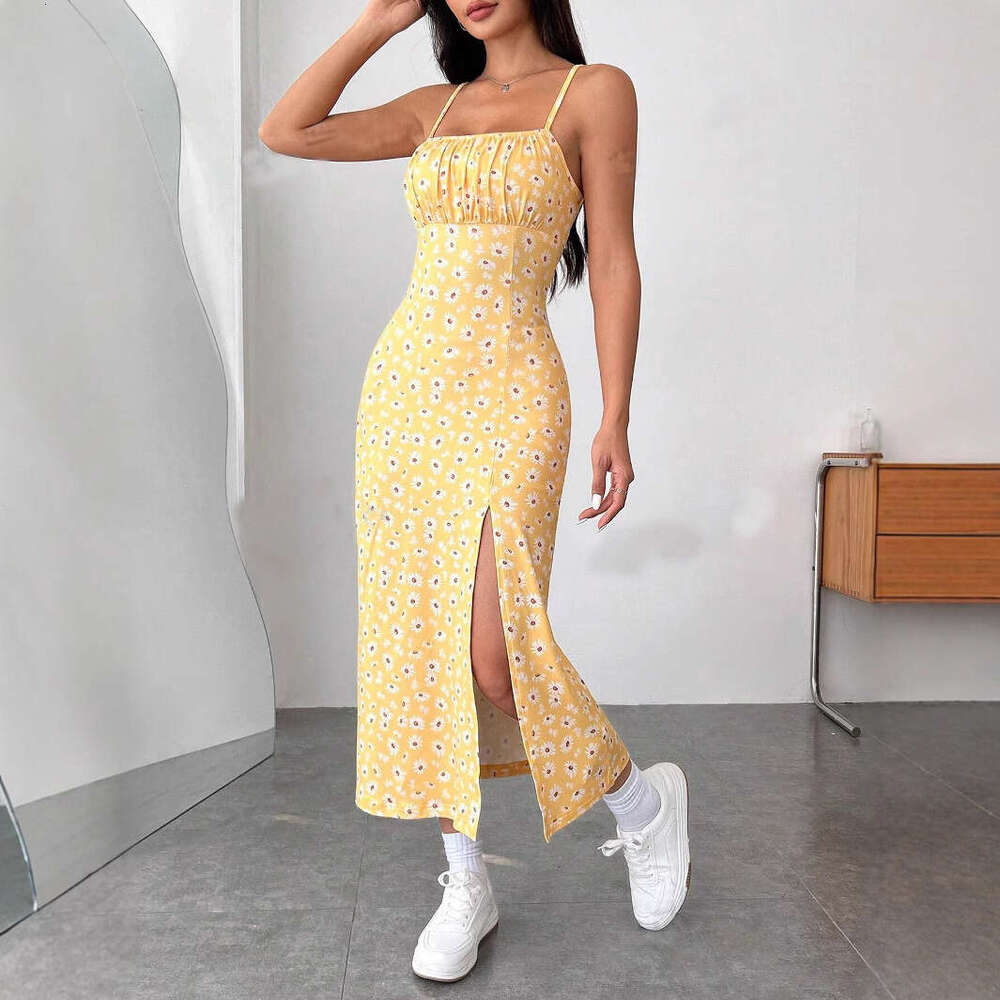 2024 autumn suspender chest high slit daisy leopard print long dress with wrapped buttocks