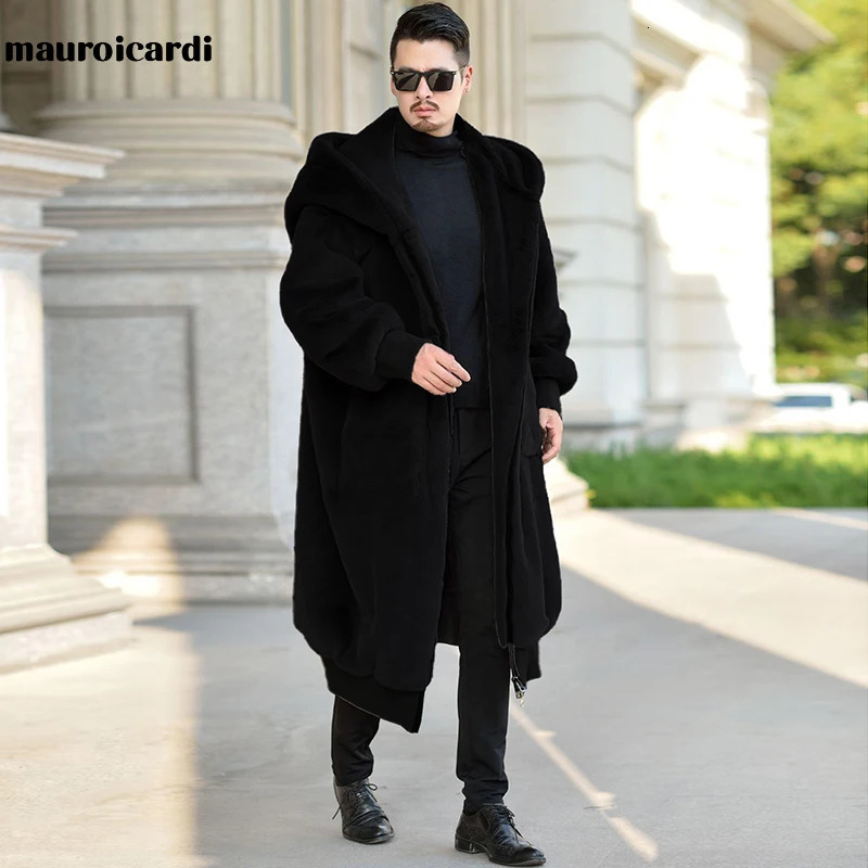 Mauroicardi Winter Black Oversized Long Warm Fluffy Faux Fur Coat Women with Hood Long Sleeve Zipper Loose Korean Fashion 241126