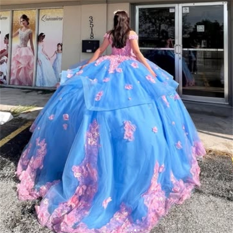 Gorgeous Blue And Pink Quinceanera Dresses 2025 Off Shoulder 3D Florals Lace Corset Charro Vestidos De 15 Anos Birthday Vestios Xv Debutante Princess 