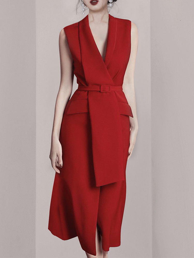 Temperament Minimalist Red Dresses For Women Notched Collar Sleeveless High Waist Tunic Patchwork Belt Dress Female