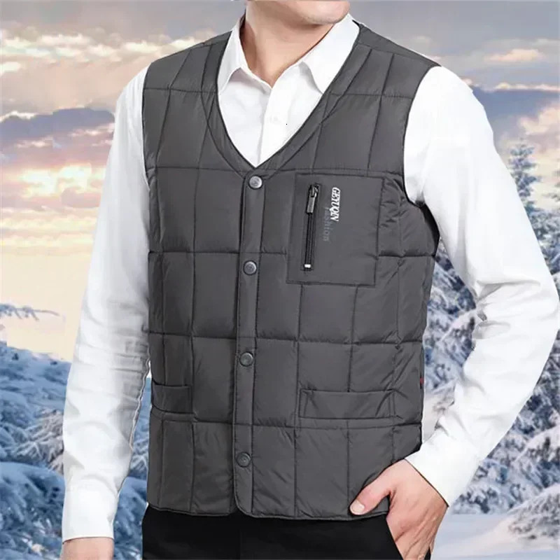 Lightweight Duck Down Warm Vest for Men Winter Vneck Sleeveless Jacket Male Button Coat Fashion Casual Waistcoat 241129