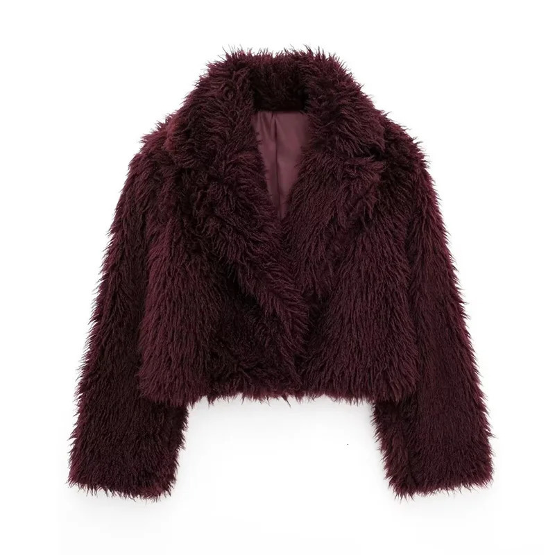 Koekop Womens Fashion Burgundy Asymmetric Thick Collar Fur Coat Vintage Casual Chic Temperament Lady Short Jacket 241129