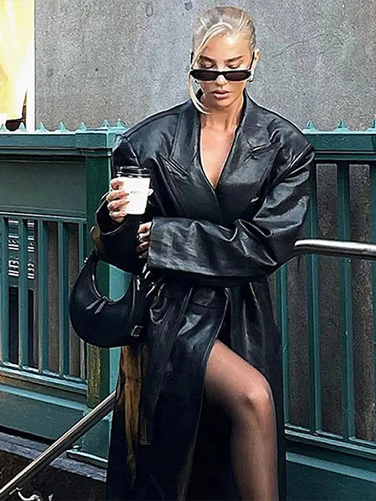 Street Leather Long Jacket Loose Lapel Single Breasted Belt Pu Coats Female 2024 Autumn Sleeves Solid Outwears Lady 241129
