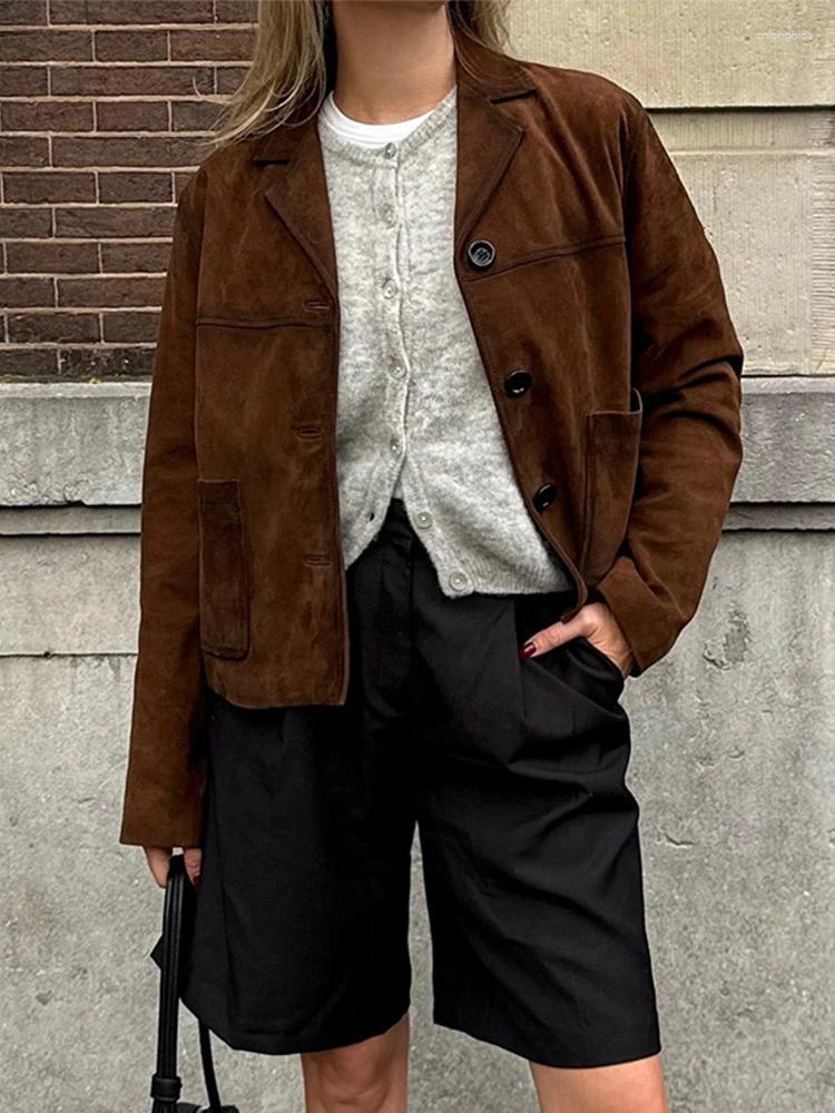 Womens Jackets Suit Collar Suede Leather Jacket Coat Retro Loose Elegant Slimming Women Short Overcoat Fashion Brown Autumn Outwear Top