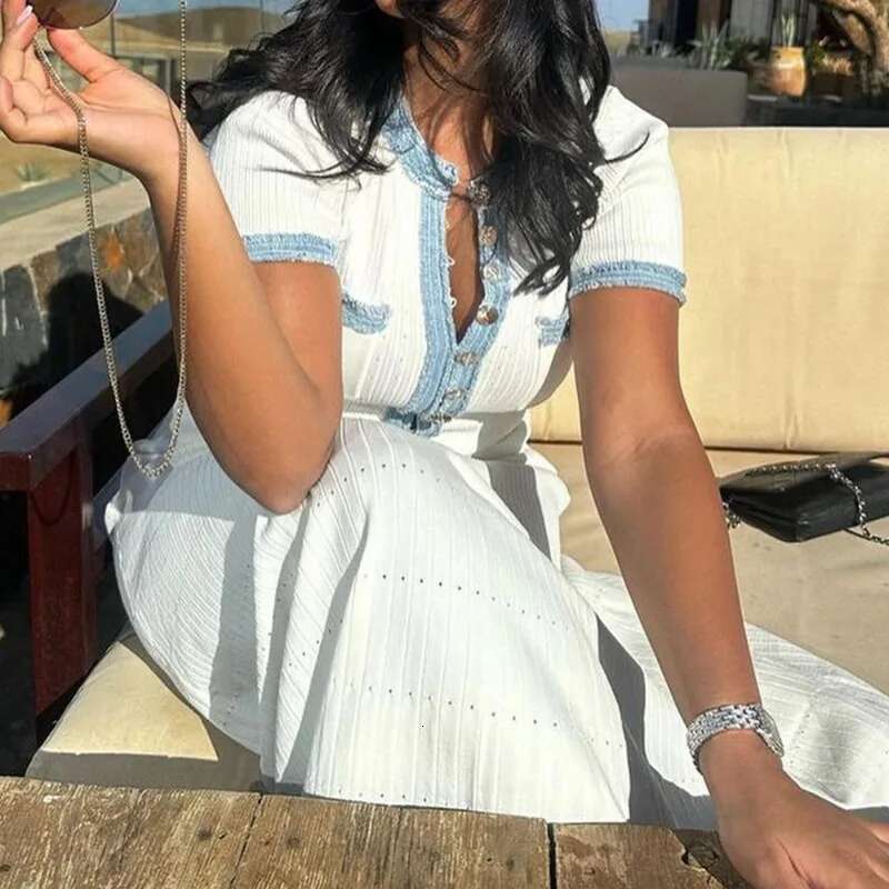 Elegant V Neck Denim Patchwork Knit Maxi Women's Fashion Short Sleeve Button Slim Dress Office Ladies Pocket Robe