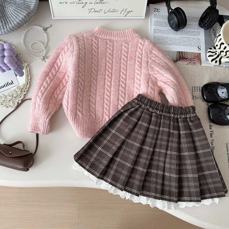 Clothing Sets Girls Set 2024 Autumn New Korean Girls Knitted Sweater+Tie Dye Bow Skirt Two Piece Set Girls Clothing 2-7 Years Old Y24112913F3