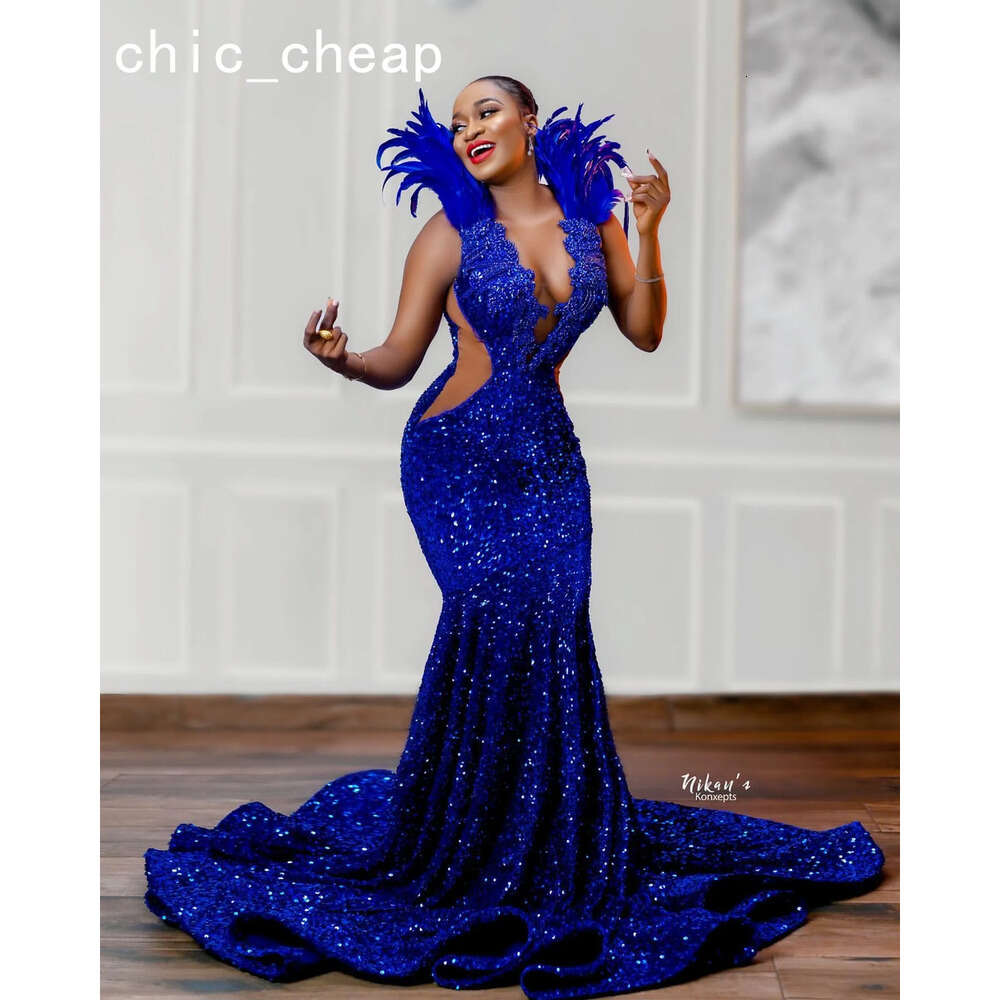 Royal Aso Ebi Blue Mermaid Prom Dress Crystals Beaded Sequined Evening Formal Party Second Reception Birthday Engagement Gowns Dresses Robe De Soiree 