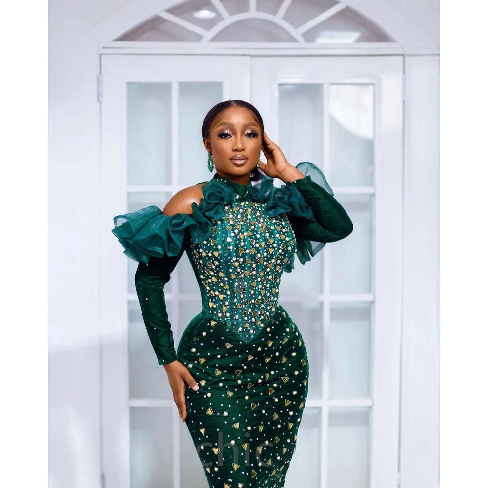 Dark Ebi Green Aso Arabic Prom Dresses Beaded Crystals Sheath Evening Formal Party Second Reception Birthday Engagement Gowns Dress Zj 6660306