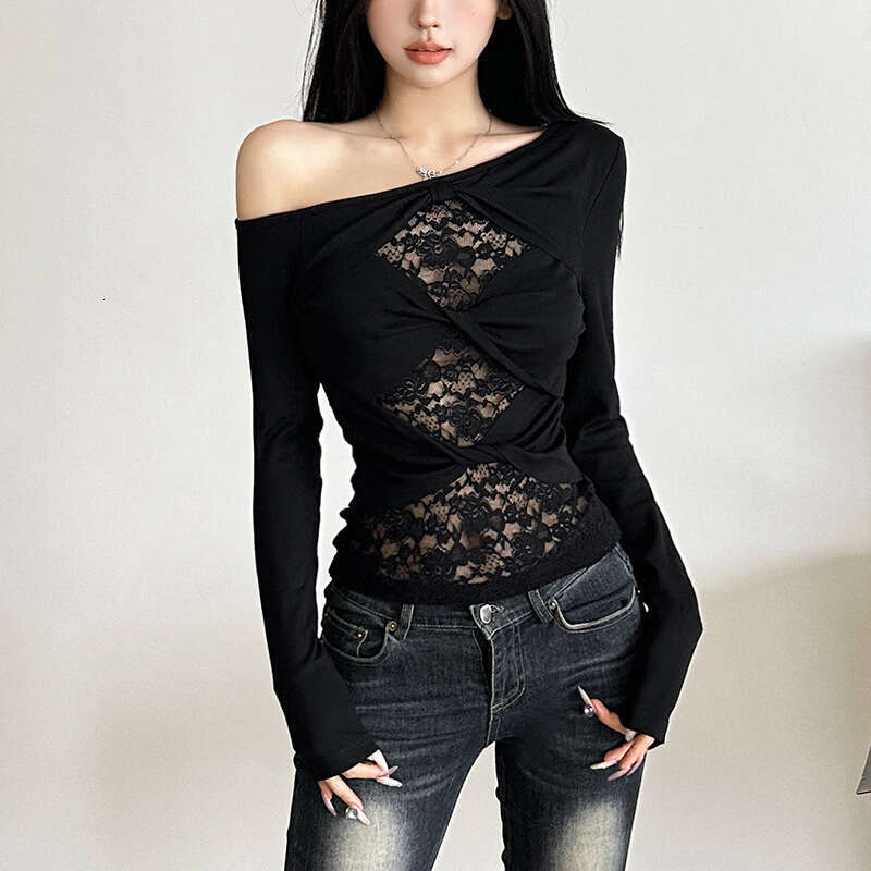 Wind 2024 Autumn New Women's Slant Collar Lace Hollow Simple Fashion Versatile Solid Color Top