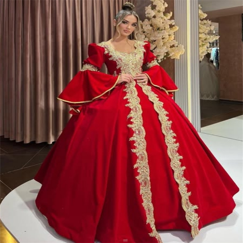Arabian Kosovo Red Evening Dress Long Sleeve Muslim Arabic Dubai Prom Dress Gold Lace Abaya Morrocan Formal Party Gown Charming Robe De Mariage Vestio