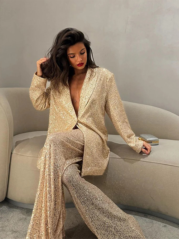 Fashion Sequines Jacket Pants Suit One Button Lapel Long Sleeve Coat Wide Leg Pant 2024 Autumn Commuting Loose Sets 241129