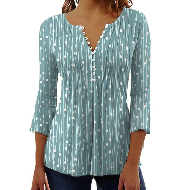 Spring European American V-Neck Printed Long Sleeved Shirt With A Base Women's Trendy Clothing, Fashionable And Casual Temperament B1
