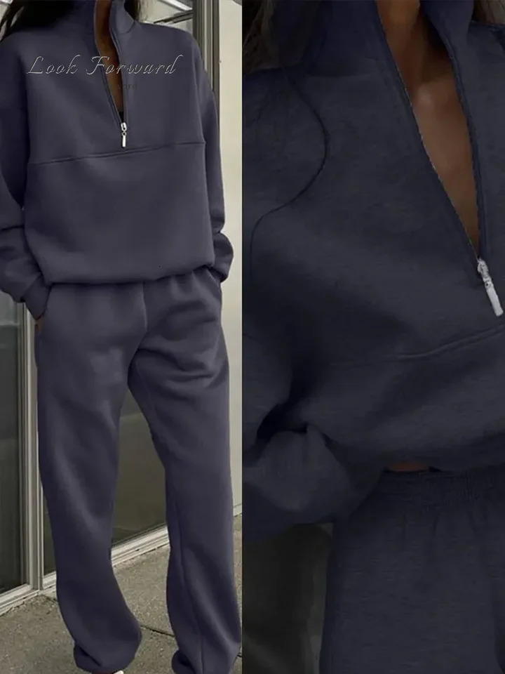 Casual Pants Sets Woman Autumn Loose Pullovers Zippers Long Sleeve Womens Tracksuit Elastic Waist Solid Trousers Allmatch 241129