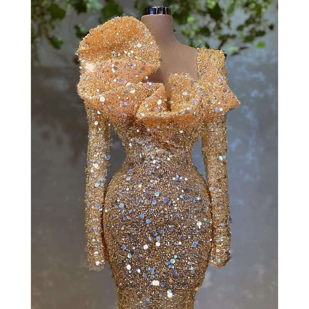 Aso Plus Size Ebi Arabic Gold Sparkly Sheath Prom Dresses Sequined Lace Stylish Evening Formal Party Second Reception Birthday Gowns Dress Zj 6660306
