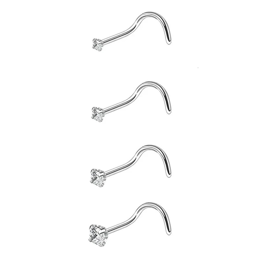 4pcs 4 size Cubic Zirconia Nose Piercing Jewelry Studs 20G Bone L Shaped Shiny Crystal Nostril 241125
