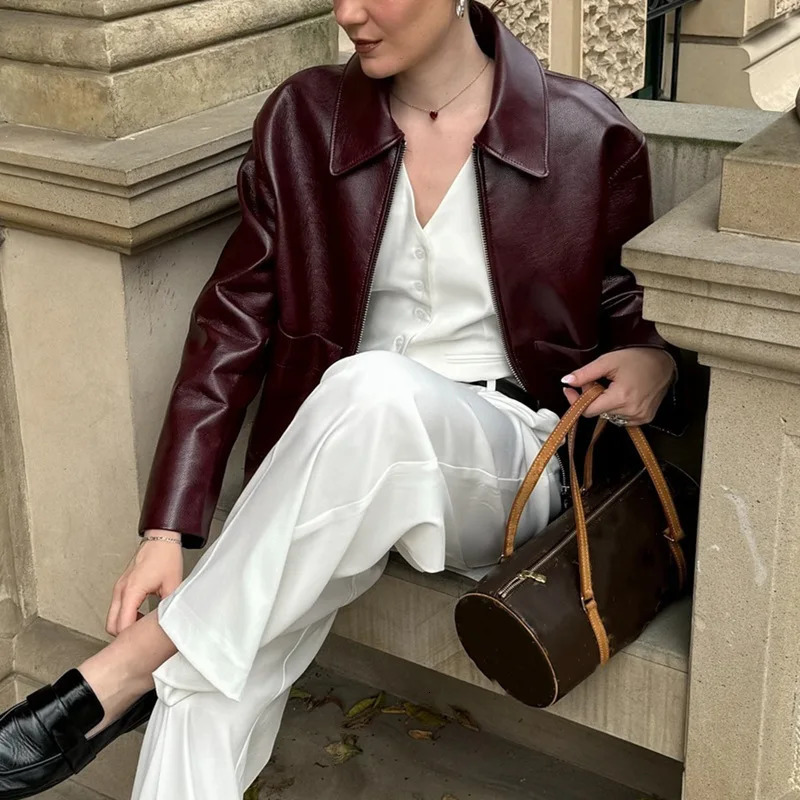 Womens Faux PU Leather Jackets Coat Autumn Winter 2024 Zip Up Streetwear Chic Vintage Burgundy Retro Motocycle Polo Outerwears 241129