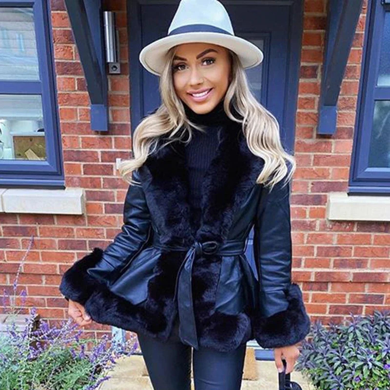 DISCVRY PU Leather Short Jacket Fashion Tie Belt Waist Coat Elegant Side Pockets Faux Fur Jackets Female Ladies 241129
