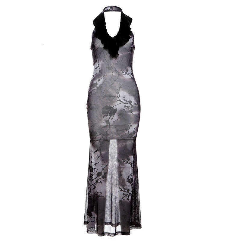 Wind 2024 summer women's clothing new Chinese ink style sleeveless slim fit bag buttocks mesh dress