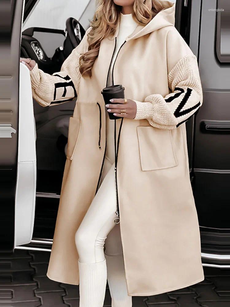 Womens Jackets Hooded Long Sleeve Cardigan Coat Women Autumn Winter Simple Patchwork Zipper Casual Lace-Up Fashion Maxi Outerwear