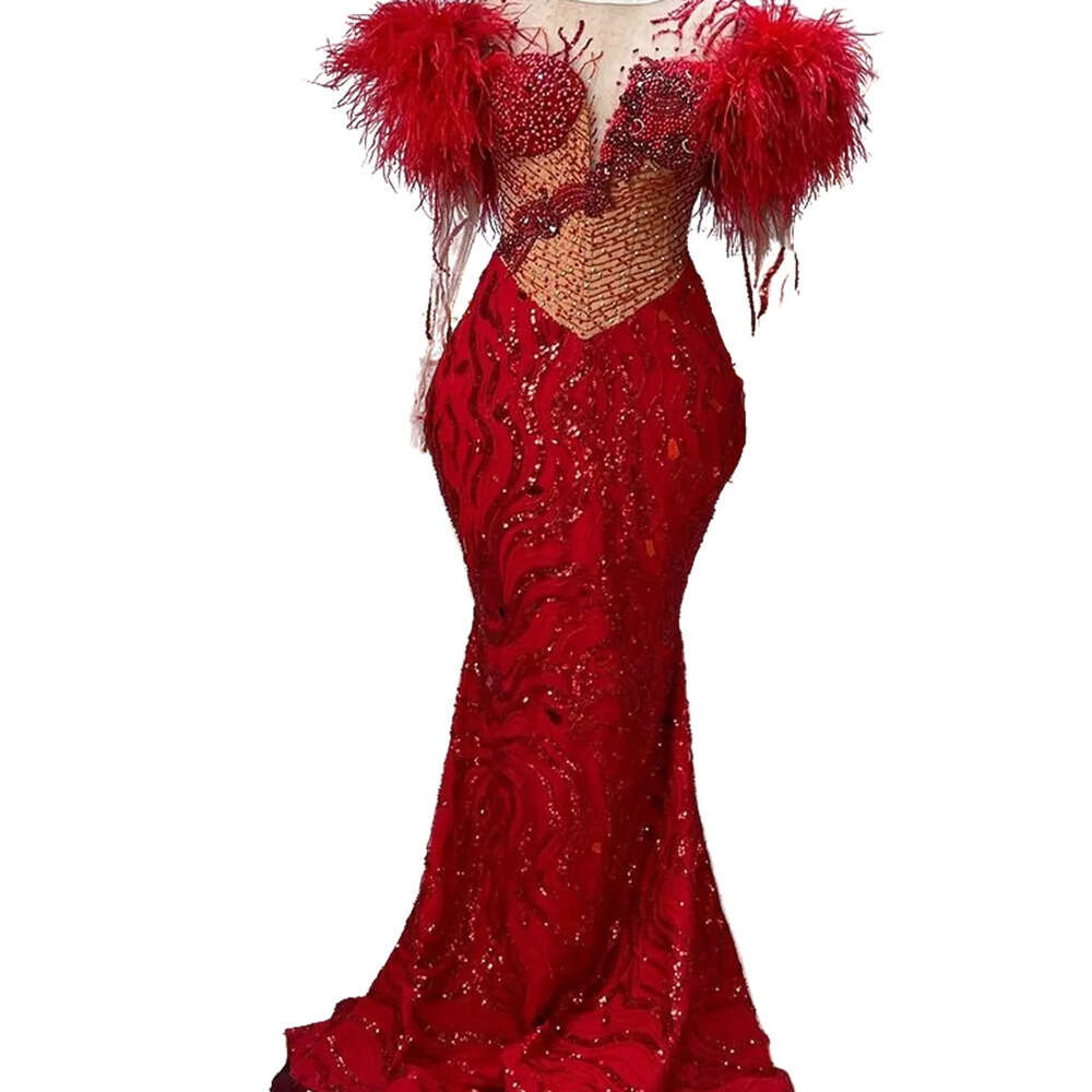Mermaid AMVCA Aso Red Ebi Prom Beaded Crystals Feather Evening Formal Party Second Reception Birthday Engagement Gowns Dress Robe De Soiree Zj 6660306