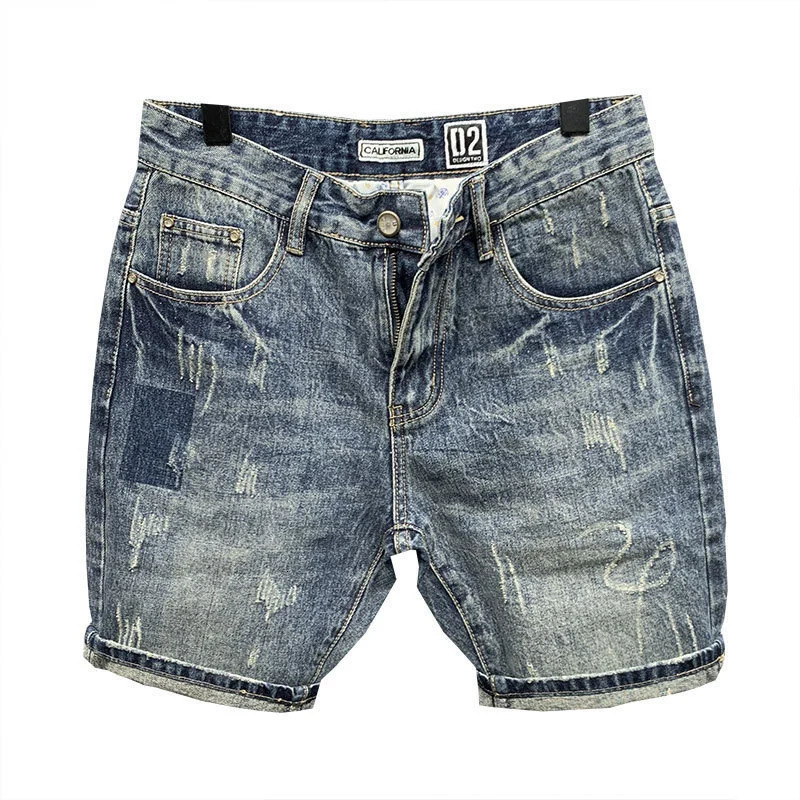 Summer Mens Scraped Worn Slim Fit Denim Shorts Fashion Personalized Wash Blue Jeans Short Pants 240428
