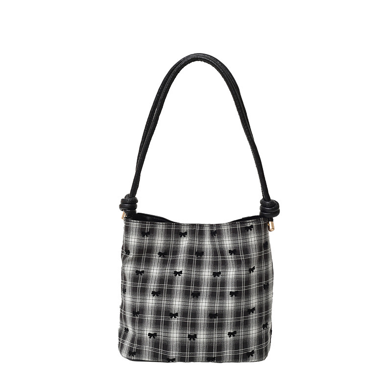 Small niche design checkered contrasting color women's 2024 new simple and fashionable western-style bow versatile single New shoulder bucket bag