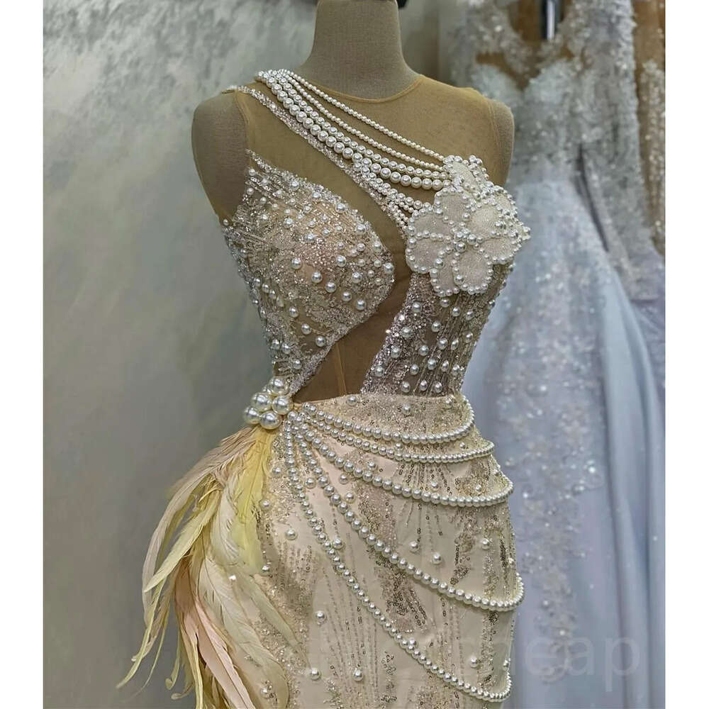 Aso Ebi Champagne Mermaid Arabic Prom Feather Pearls Evening Formal Party Second Reception Birthday Engagement Gowns Dress Zj 6660306