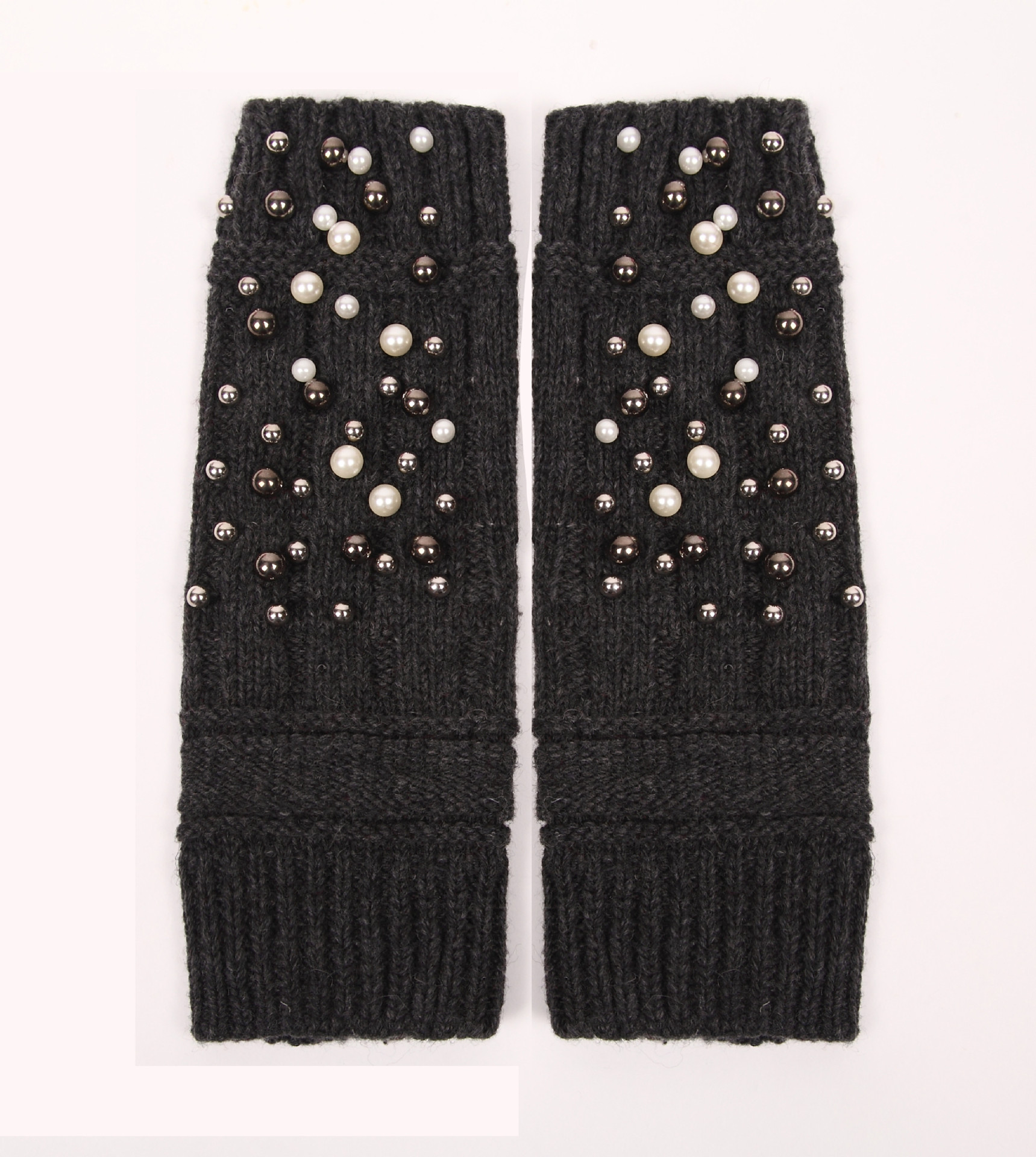 Autumn and winter new long tube split finger half finger gloves warm and thick monochrome half finger pearl women's knitted gloves