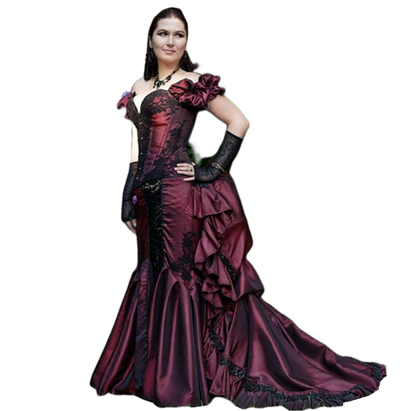 Prom Vintage Victorian Dresses Ruched Bustle Long Gothic Evening Gowns Black Lace Appliques Medieval Bury Satin Special Ocn Wear For Women