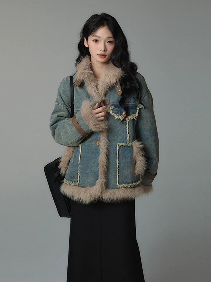 REDDACHiC Hippie Fuzzy Trim Denim Jacket Womens Coat Faux Fur Patchwork Frayed Casual Warm Winter Outwear Retro Y2k Windbreaker 241129