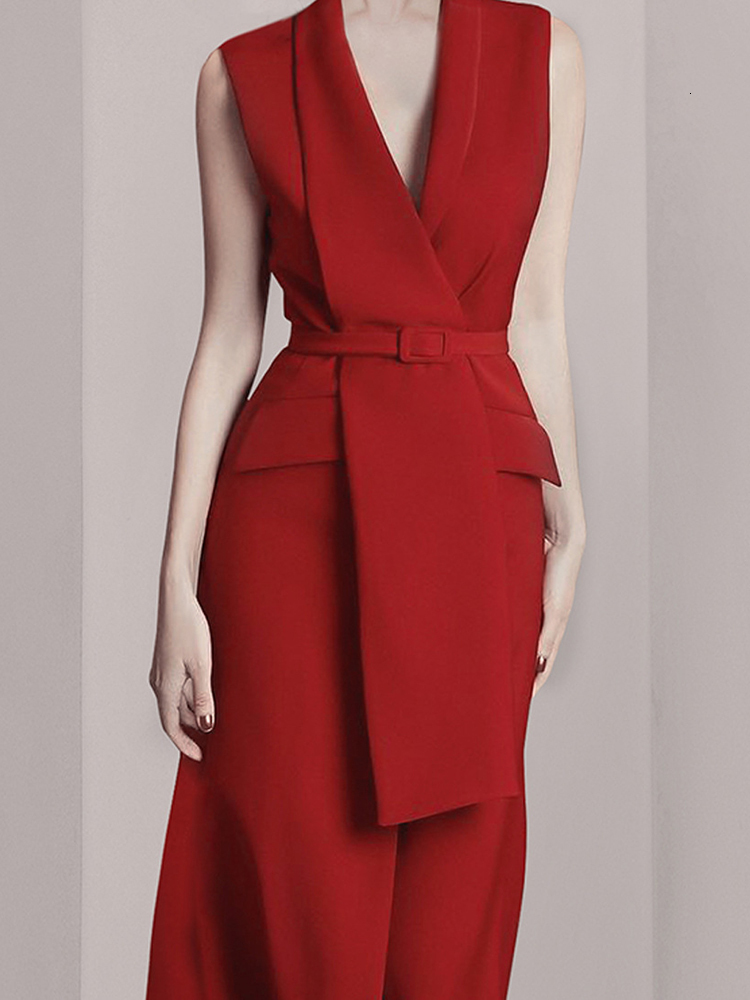 Temperament Minimalist Red Dresses For Women Notched Collar Sleeveless High Waist Tunic Patchwork Belt Dress Female