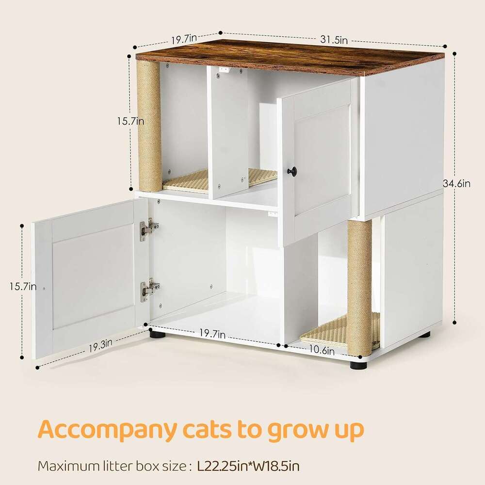 For 2 Cat, Hidden Double Encloure Furniture With Scratching Pot, Wooden Wahroom Furniture, Indoor Cat Houe End Table, Fit Mot Of Litter Box