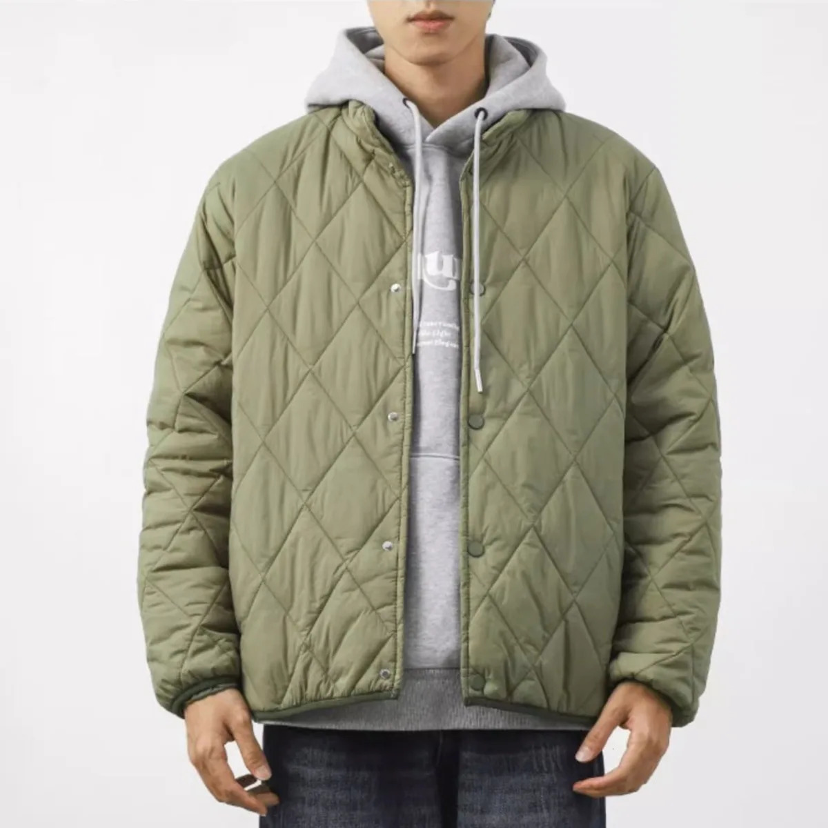 Standing Collar Cotton Quilting Jacket Coat Men Thick Winter Warm Cotton Diamond Grid Coat Lightweight Casual Jacket Outerwear 241126
