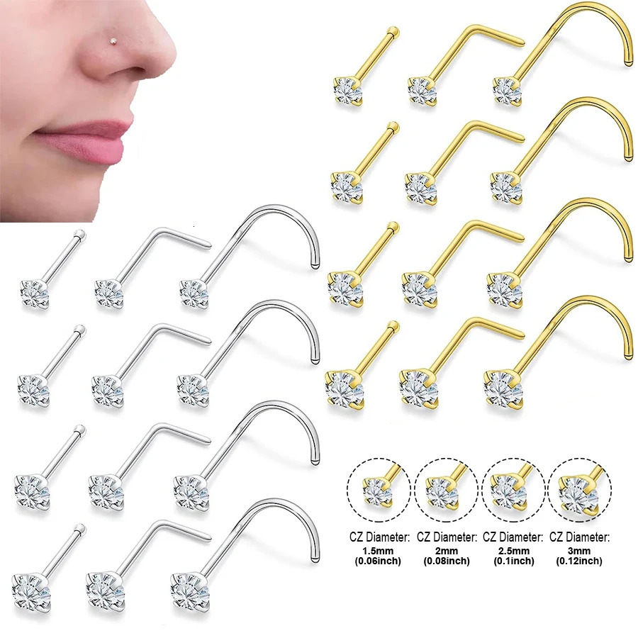 4pcs 4 size Cubic Zirconia Nose Piercing Jewelry Studs 20G Bone L Shaped Shiny Crystal Nostril 241125