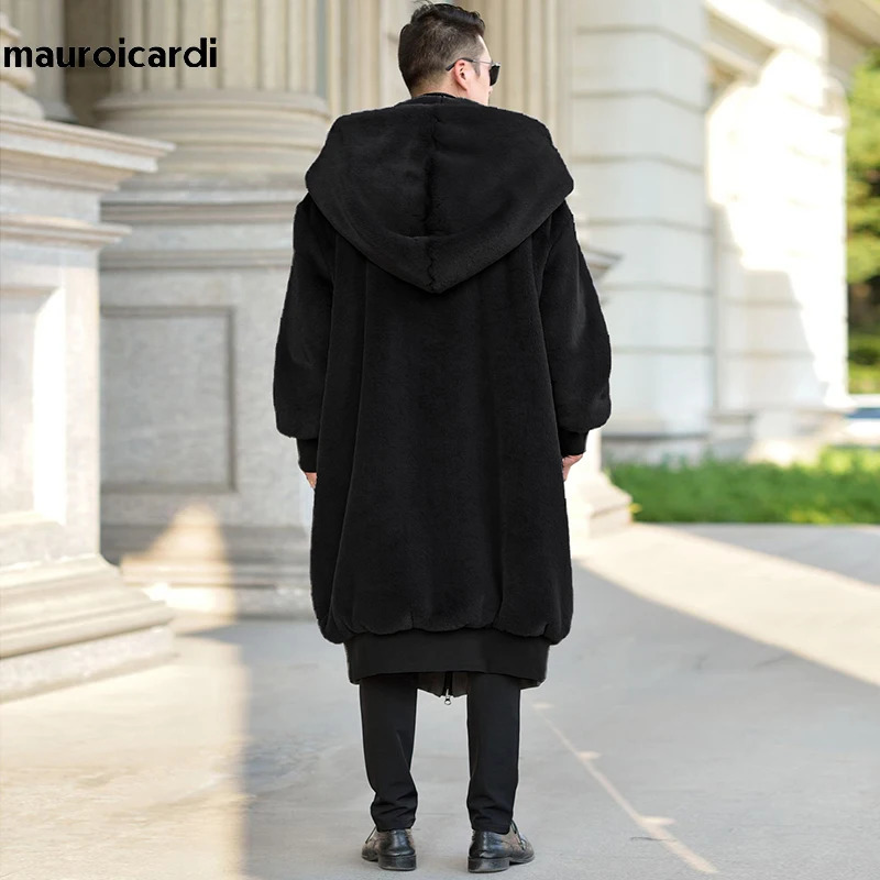Mauroicardi Winter Black Oversized Long Warm Fluffy Faux Fur Coat Women with Hood Long Sleeve Zipper Loose Korean Fashion 241126