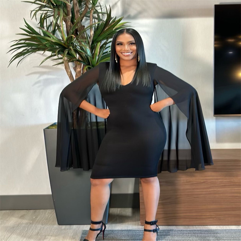 Simple Short Black Girls Prom Dress Cape Sleeves Knee Length Evening Dress Sexy V Neck Cocktail Club Party Wear Homecoming Graduation Dress Vestio De 