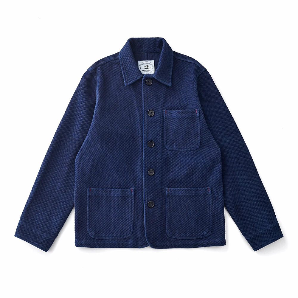 French Indigo Cargo for Mens Autumn and Winter Collection Flip Collar Multi Pocket Blue Dyeing Tool Jacket Retro Casual Open Top 241128