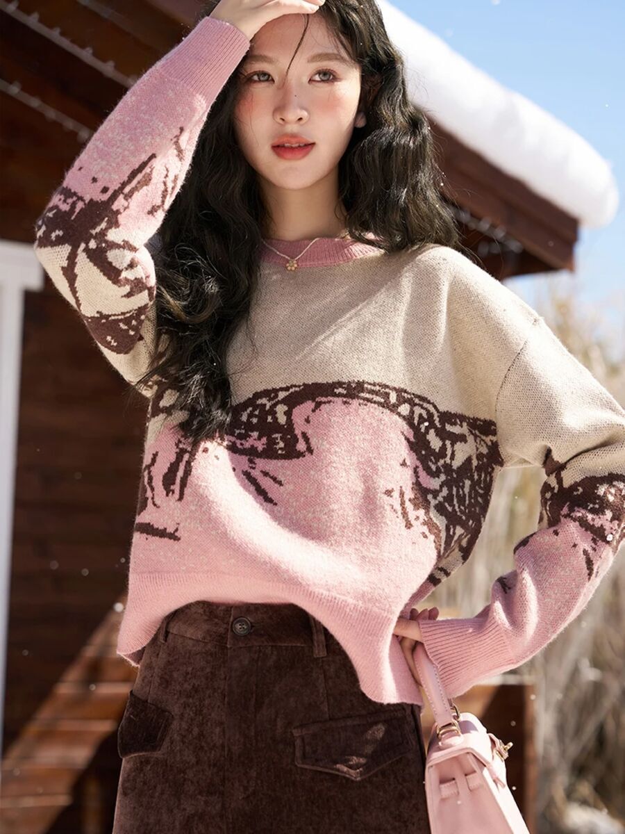 Graphic Sweater Women Autumn Winter Korean Thick Loose Pullovers Knitwear Vintage Knitted Jumpers Female Mxc56z0272