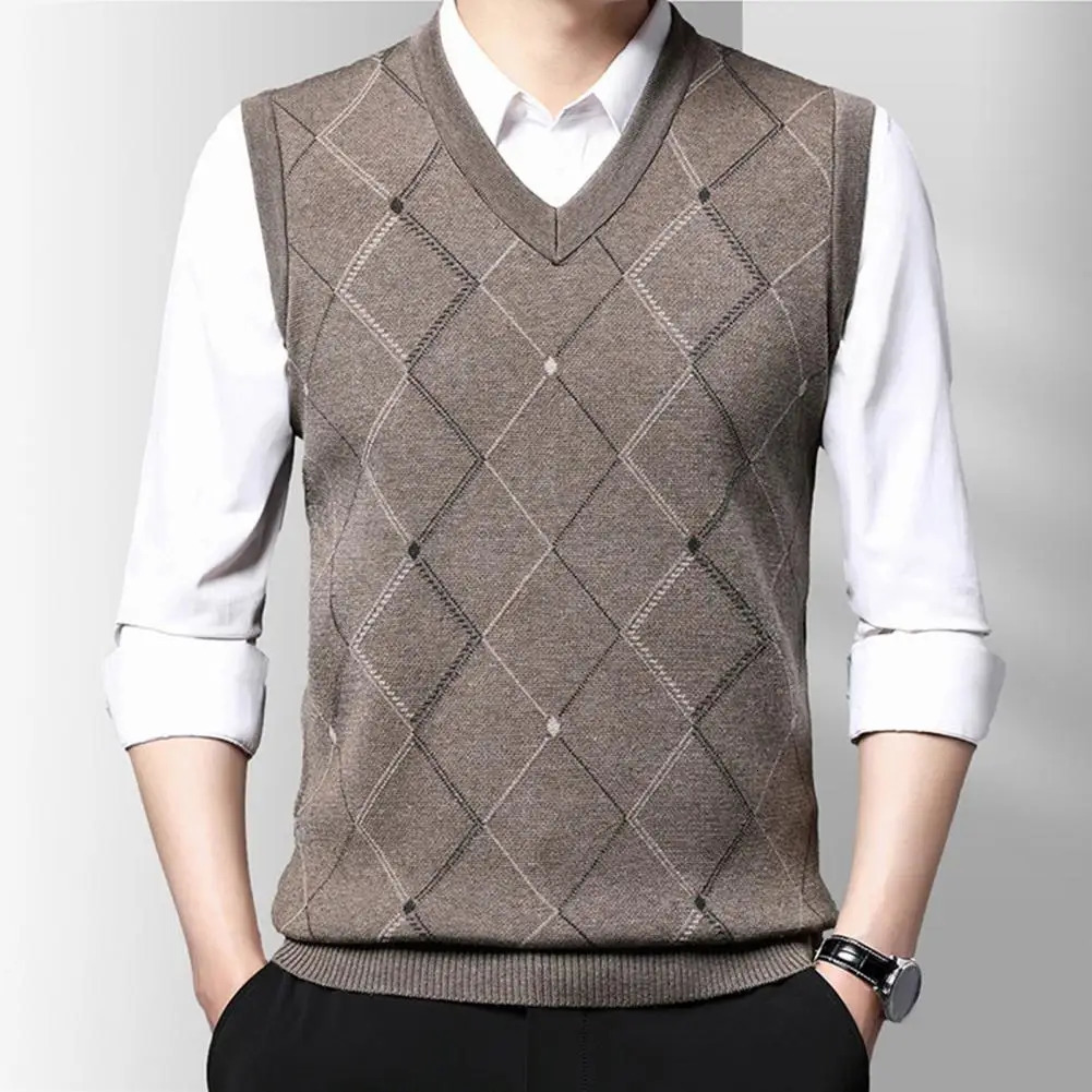 Geometric Rhombus Men Knitted Vest British style V Neck Solid Color Business Autumn Winter Warm WindprooMale Waistcoat 241129