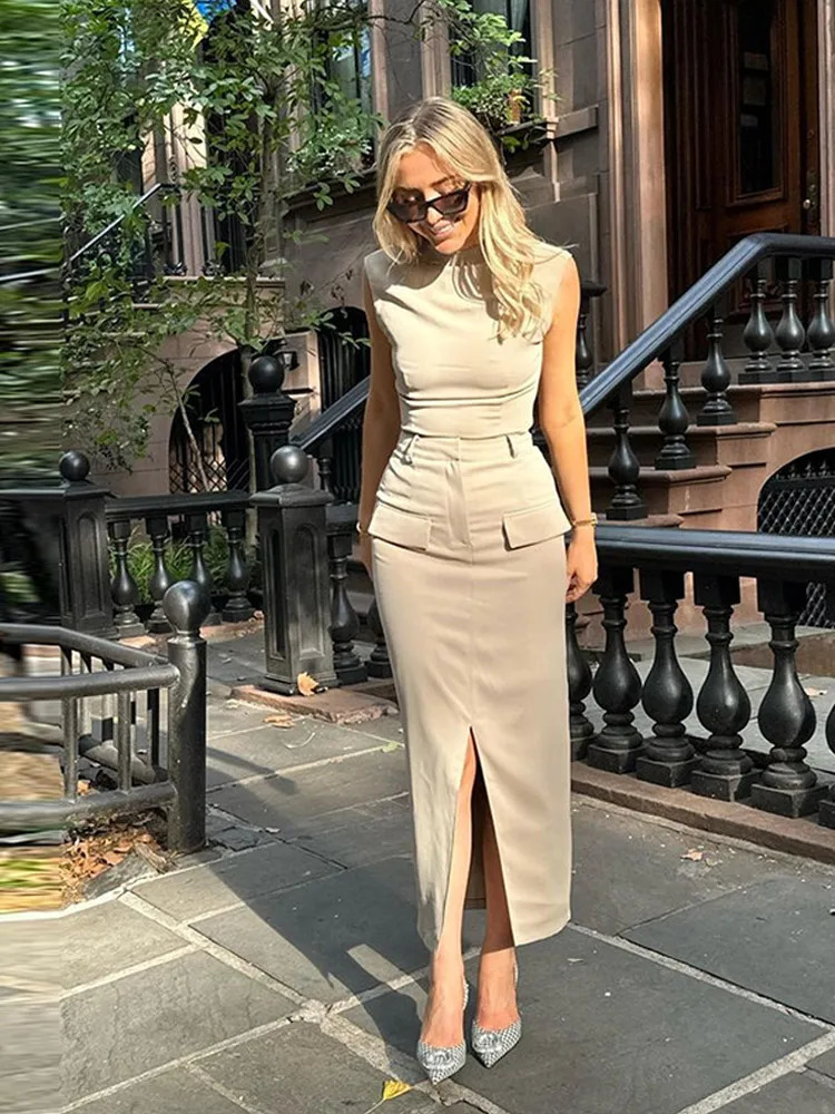 Elegant Tank Top Skirt Suits Women Fashion Sleeveless Oneck Slim Vest Split Zipper Midi Skirts 2 Pieces Set Female Spring 240423