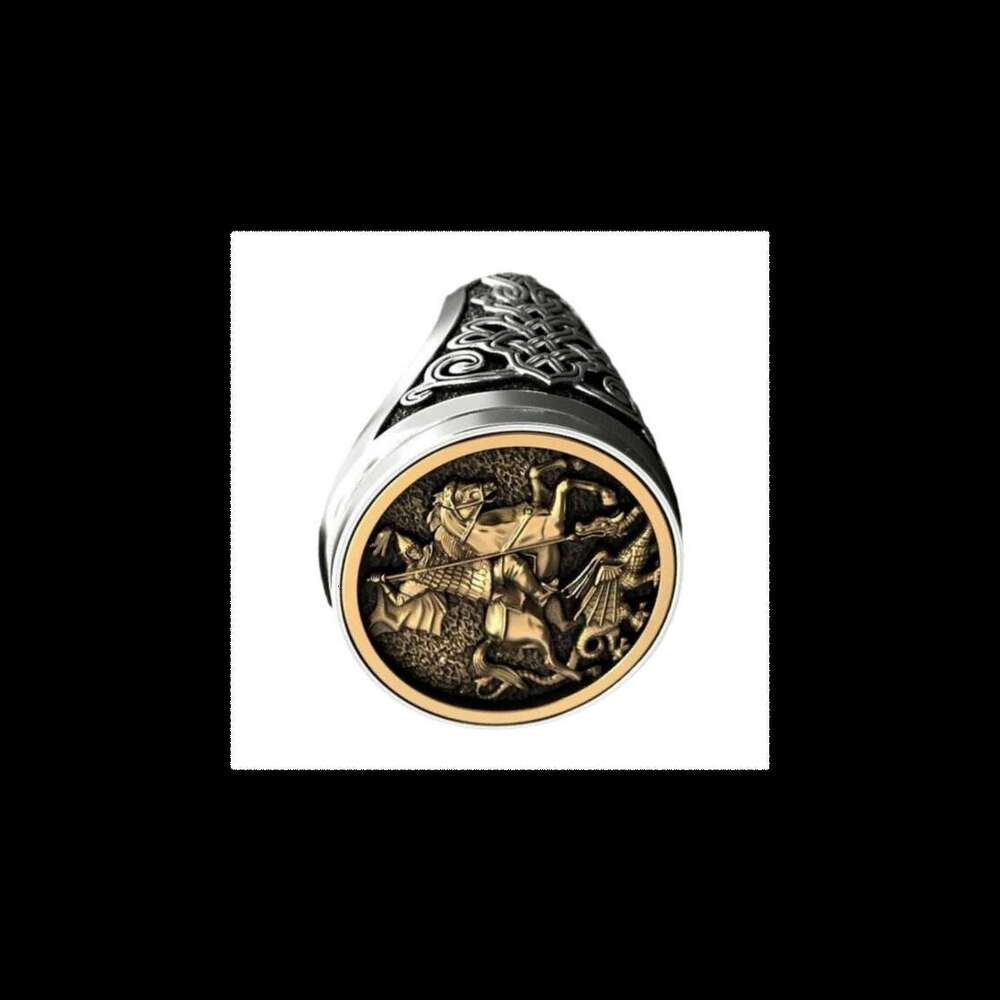 Hecheng's unique sovereign men's ring, featuring a portrait of Saint George painted with two tone Roman soldier dragon ring plating