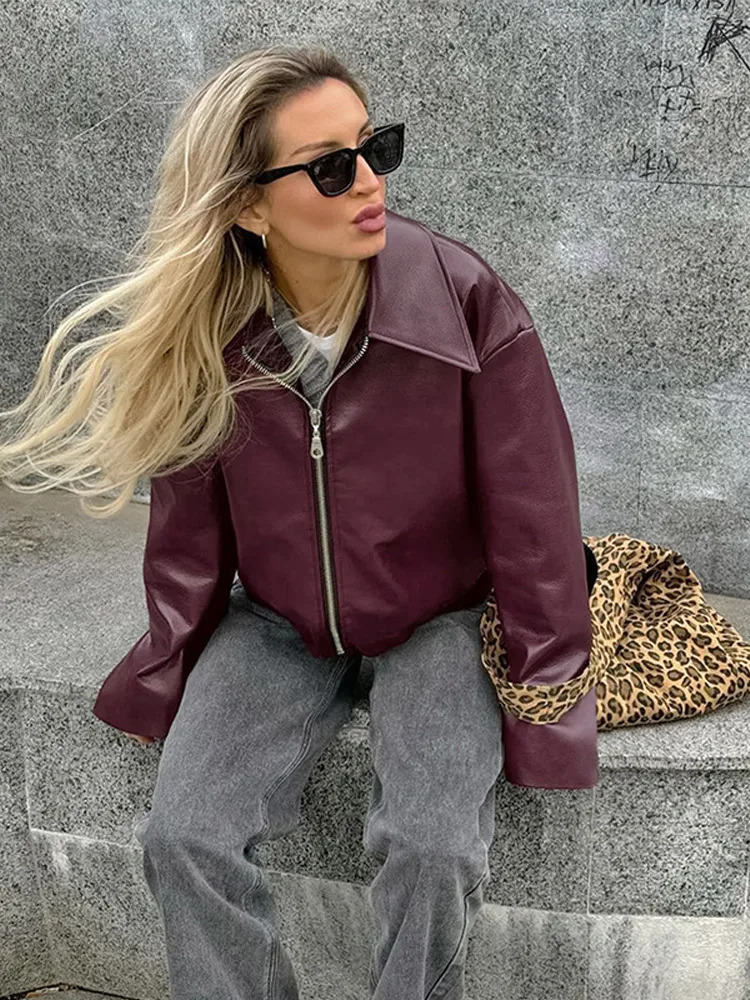 Motorcycle PU Leather Jacket Wine Red Lapel Loose Zipper Biker Autumn Winter Fashion Commute Womens Coat 241129