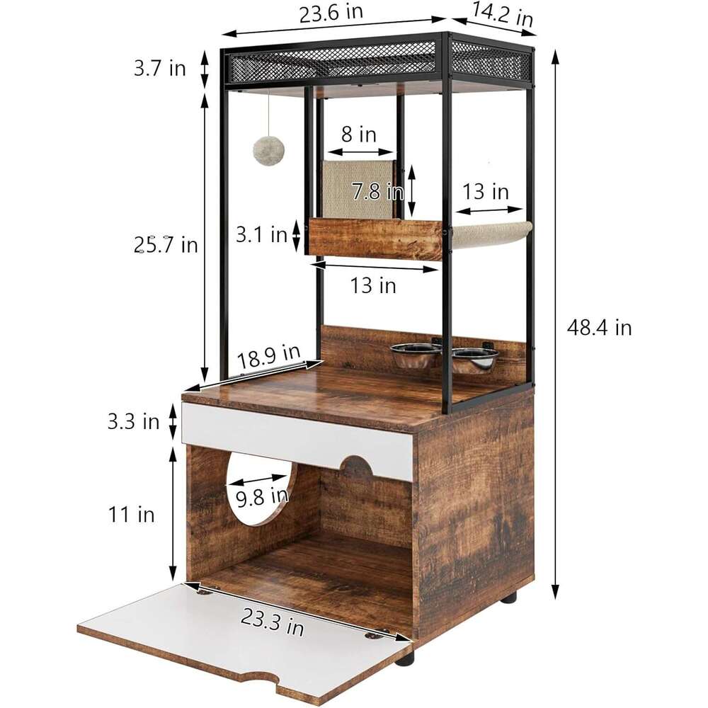 Litter Box Encloure Furniture Tree, All-In-One Modern Cat Tower With Condo, Hammock, Food Station, Scratching Mat, 48-Inch, Rutic Brown