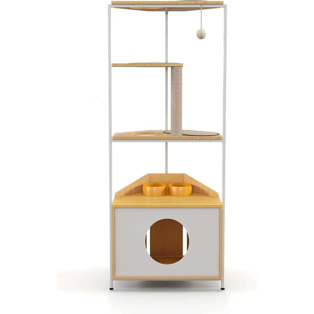Corner Tower, Tree Scratching Post, Cat Condo With Feeding Station And Climbing Platforms, Pet Furniture For Indoor Cats