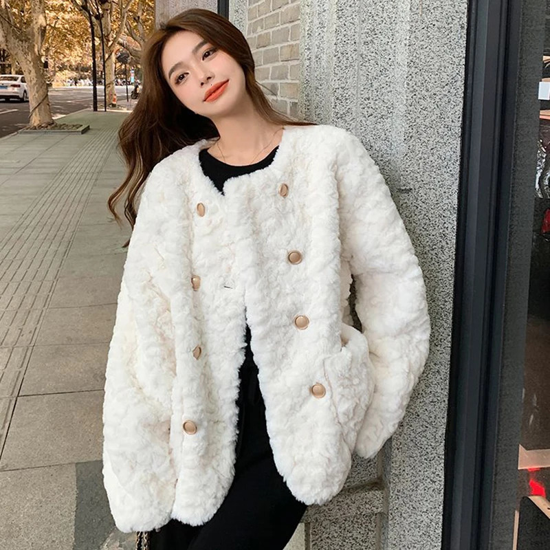 Y2K Faux Wool Women Coat Korean Sweet Warm Long Sleeve Female Autumn All Match Pockets Chic Ladies Casual Jacket 241129