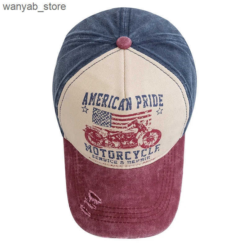 Ball Caps New motorcycle printed baseball cap retro color block wash cap adjustable mens dad hat L240910